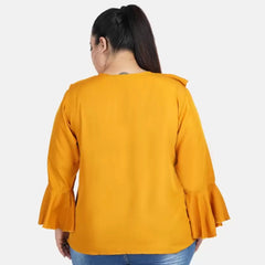 Mayawye Women's Casual Bell Sleeve Solid Yellow Top (Color:Yellow, Material:Georgette)