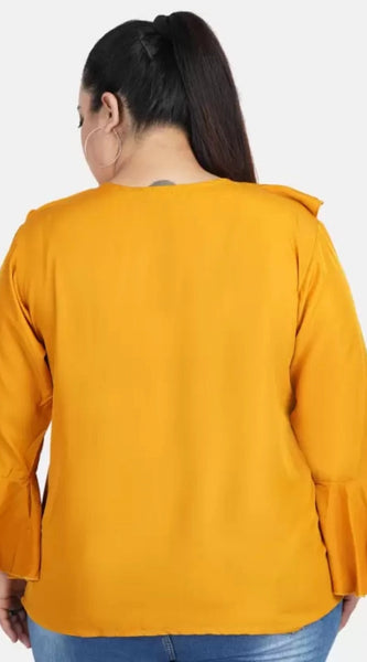 Mayawye Women's Casual Bell Sleeve Solid Yellow Top (Color:Yellow, Material:Georgette)