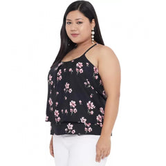 Mayawye Women's Casual Floral Print Black Top (Color:Black, Material:Polyester)