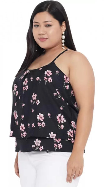 Mayawye Women's Casual Floral Print Black Top (Color:Black, Material:Polyester)