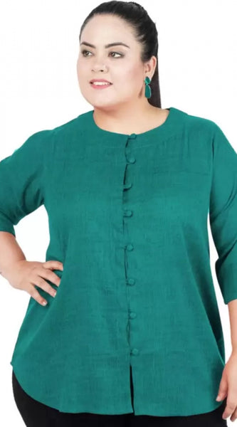 Mayawye Women's Casual Solid Green Top (Color:Green, Material:Cotton Linen Blend)