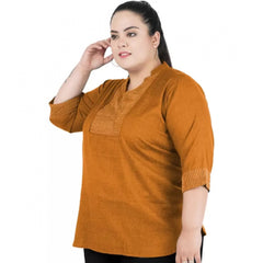 Mayawye Women's Casual Three Fourth Sleeve Embroidered Yellow Top (Color:Yellow, Material:Cotton Linen Blend)