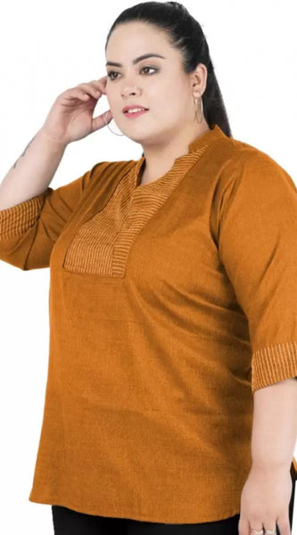 Mayawye Women's Casual Three Fourth Sleeve Embroidered Yellow Top (Color:Yellow, Material:Cotton Linen Blend)