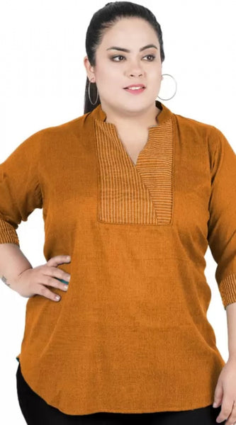 Mayawye Women's Casual Three Fourth Sleeve Embroidered Yellow Top (Color:Yellow, Material:Cotton Linen Blend)