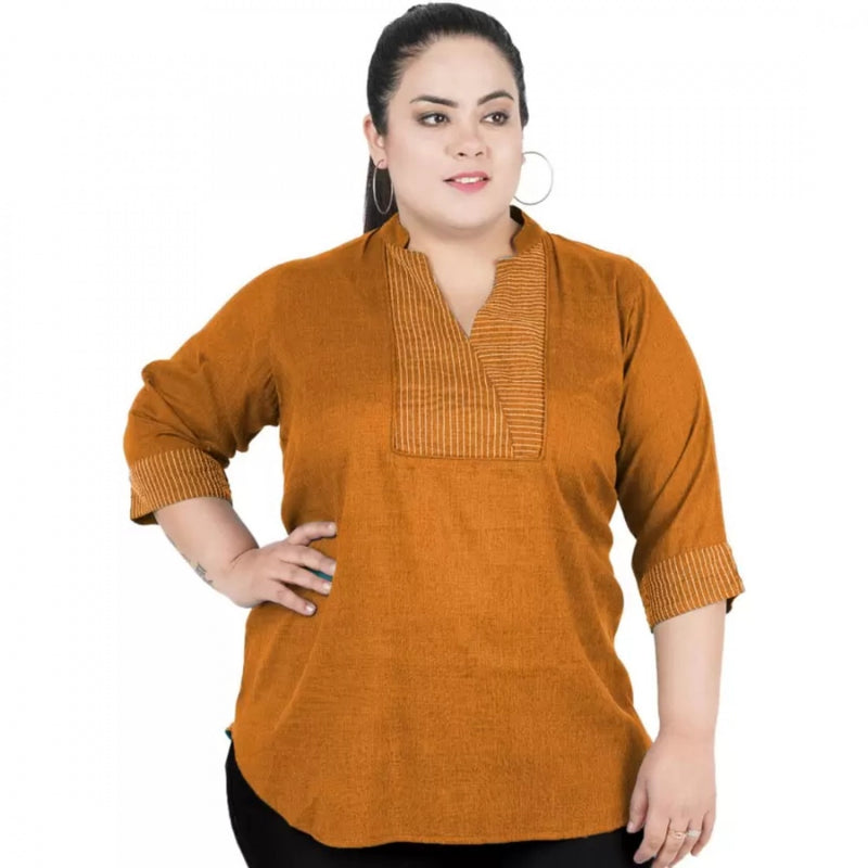 Mayawye Women's Casual Three Fourth Sleeve Embroidered Yellow Top (Color:Yellow, Material:Cotton Linen Blend)