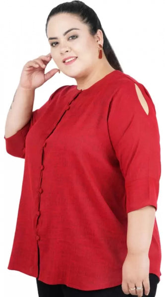 Mayawye Women's Casual Solid Maroon Top (Color:Maroon, Material:Cotton Linen Blend)