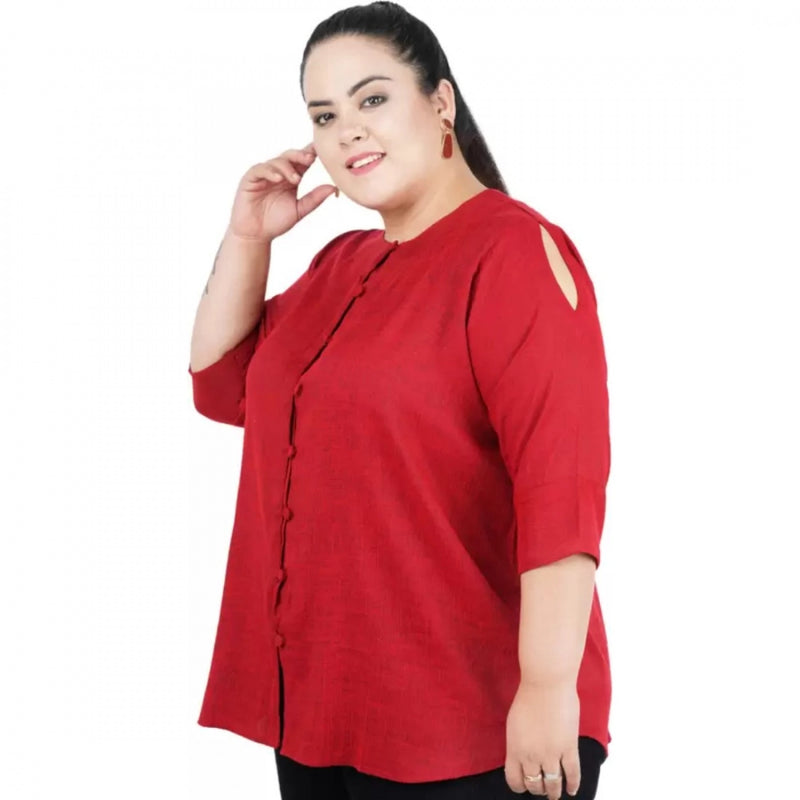 Mayawye Women's Casual Solid Maroon Top (Color:Maroon, Material:Cotton Linen Blend)