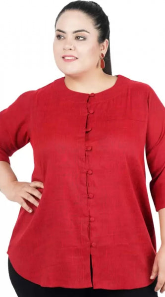 Mayawye Women's Casual Solid Maroon Top (Color:Maroon, Material:Cotton Linen Blend)