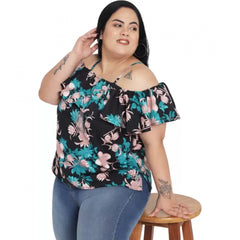 Mayawye Women's Casual Floral Print Black Top (Color:Black, Material:Polyester)