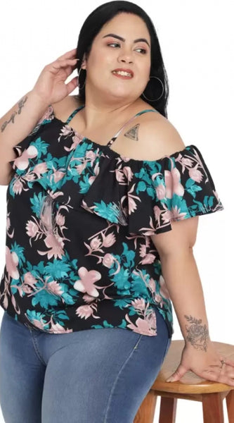 Mayawye Women's Casual Floral Print Black Top (Color:Black, Material:Polyester)