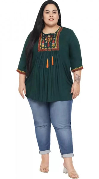 Mayawye Women's Casual Embroidered Dark Green Top (Color:Dark Green, Material:Rayon)