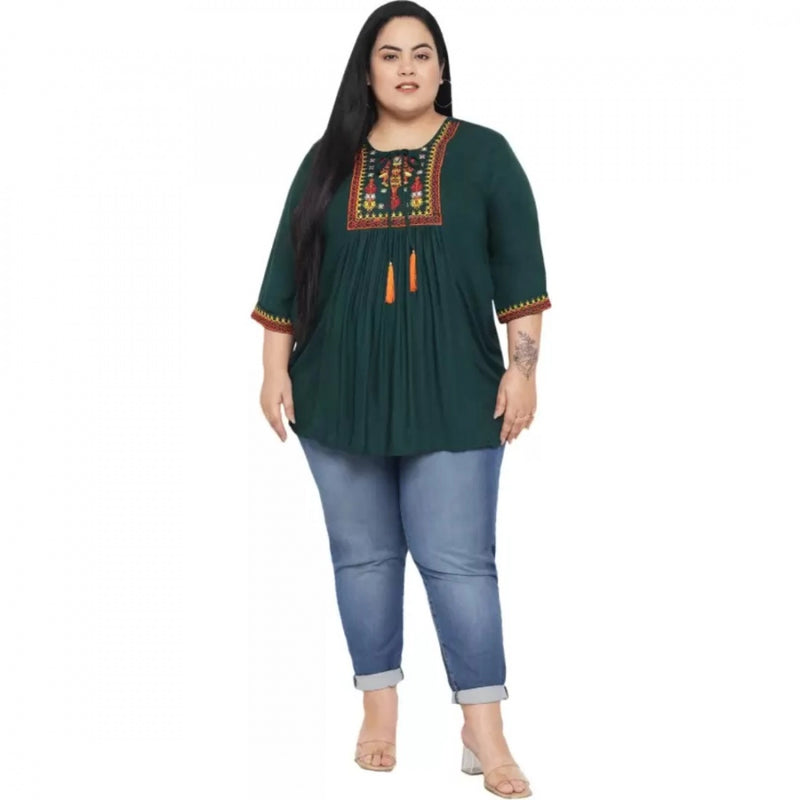 Mayawye Women's Casual Embroidered Dark Green Top (Color:Dark Green, Material:Rayon)