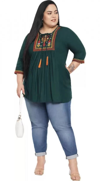 Mayawye Women's Casual Embroidered Dark Green Top (Color:Dark Green, Material:Rayon)