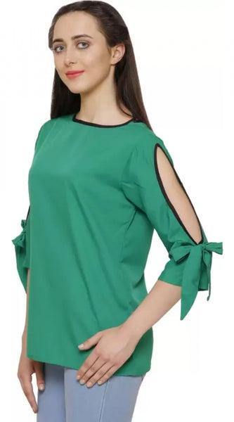 Mayawye Women's Casual Slit Sleeve Solid Green Top (Color:Green, Material:Poly Crepe)