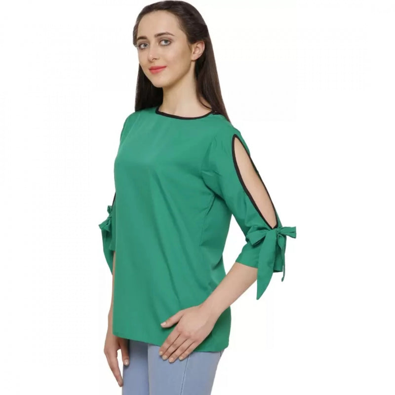 Mayawye Women's Casual Slit Sleeve Solid Green Top (Color:Green, Material:Poly Crepe)