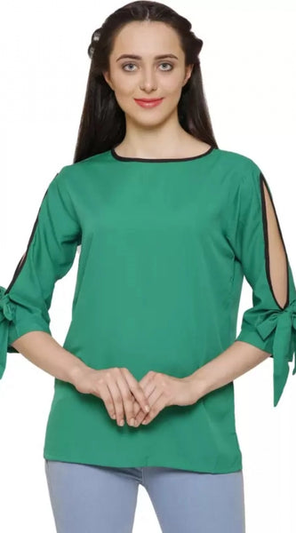 Mayawye Women's Casual Slit Sleeve Solid Green Top (Color:Green, Material:Poly Crepe)