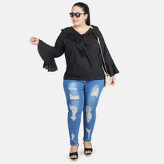 Mayawye Women's Casual Bell Sleeve Solid Black Top (Color:Black, Material:Georgette)