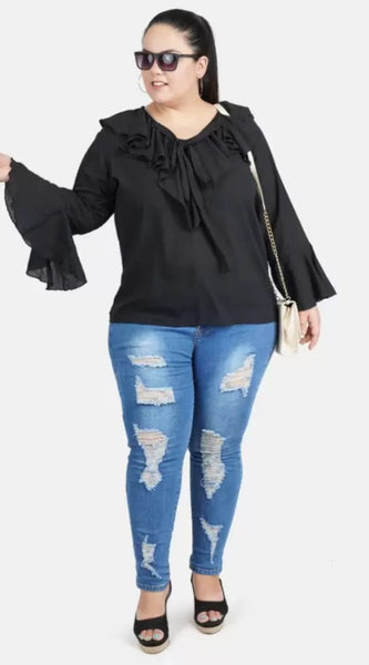 Mayawye Women's Casual Bell Sleeve Solid Black Top (Color:Black, Material:Georgette)