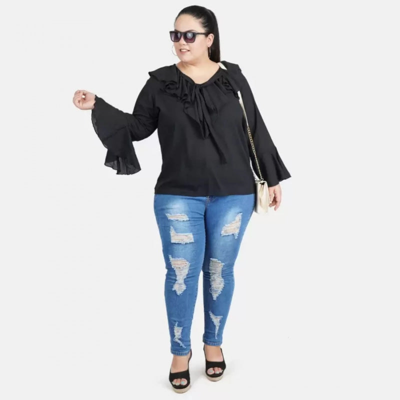 Mayawye Women's Casual Bell Sleeve Solid Black Top (Color:Black, Material:Georgette)