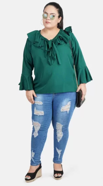 Mayawye Women's Casual Bell Sleeve Solid Green Top (Color:Green, Material:Georgette)