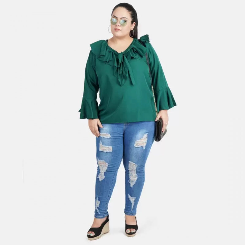 Mayawye Women's Casual Bell Sleeve Solid Green Top (Color:Green, Material:Georgette)