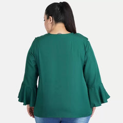 Mayawye Women's Casual Bell Sleeve Solid Green Top (Color:Green, Material:Georgette)