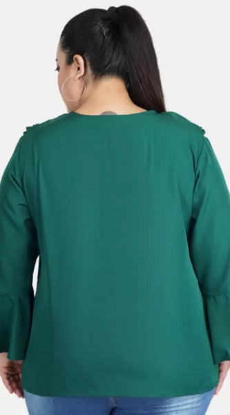 Mayawye Women's Casual Bell Sleeve Solid Green Top (Color:Green, Material:Georgette)