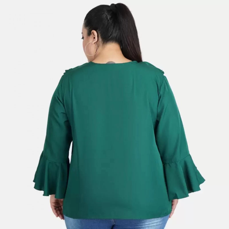 Mayawye Women's Casual Bell Sleeve Solid Green Top (Color:Green, Material:Georgette)