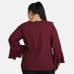 Mayawye Women's Casual Bell Sleeve Solid Maroon Top (Color:Maroon, Material:Georgette)