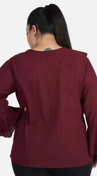 Mayawye Women's Casual Bell Sleeve Solid Maroon Top (Color:Maroon, Material:Georgette)
