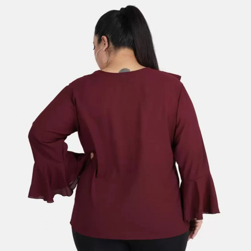 Mayawye Women's Casual Bell Sleeve Solid Maroon Top (Color:Maroon, Material:Georgette)