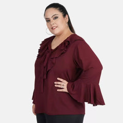 Mayawye Women's Casual Bell Sleeve Solid Maroon Top (Color:Maroon, Material:Georgette)