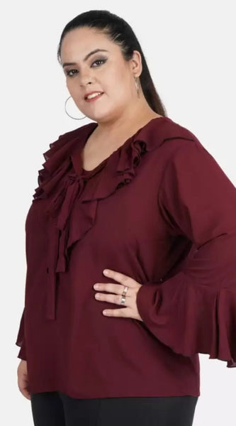 Mayawye Women's Casual Bell Sleeve Solid Maroon Top (Color:Maroon, Material:Georgette)