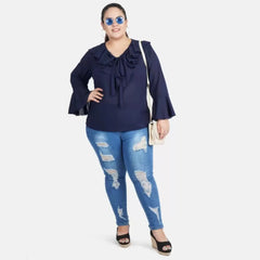 Mayawye Women's Casual Bell Sleeve Solid Blue Top (Color:Blue, Material:Georgette)