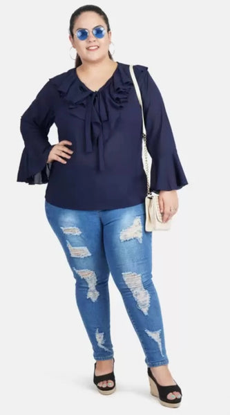 Mayawye Women's Casual Bell Sleeve Solid Blue Top (Color:Blue, Material:Georgette)