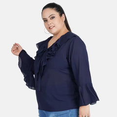 Mayawye Women's Casual Bell Sleeve Solid Blue Top (Color:Blue, Material:Georgette)