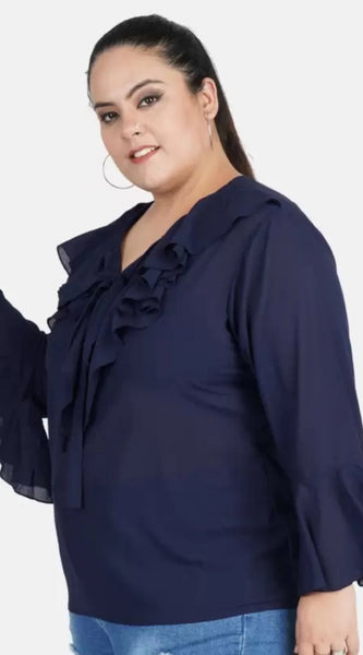Mayawye Women's Casual Bell Sleeve Solid Blue Top (Color:Blue, Material:Georgette)