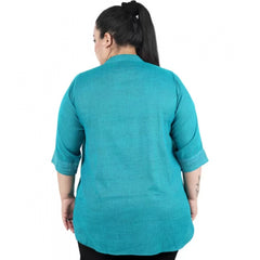 Mayawye Women's Casual Three Fourth Sleeve Embroidered Light Green Top (Color:Light Blue, Material:Cotton Linen Blend)