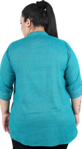 Mayawye Women's Casual Three Fourth Sleeve Embroidered Light Green Top (Color:Light Blue, Material:Cotton Linen Blend)