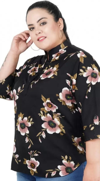 Mayawye Women's Casual Three Fourth Sleeve Printed Black Top (Color:Black, Material:Poly Crepe)