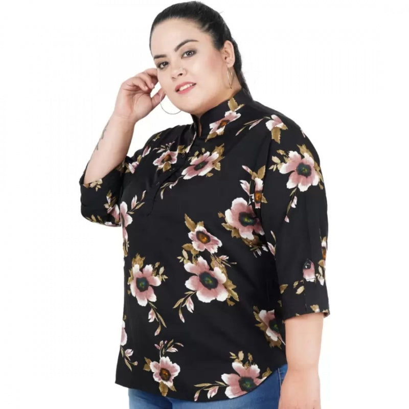 Mayawye Women's Casual Three Fourth Sleeve Printed Black Top (Color:Black, Material:Poly Crepe)