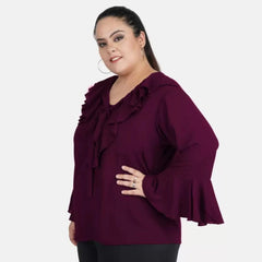 Mayawye Women's Casual Bell Sleeve Solid Purple Top (Color:Purple, Material:Georgette)