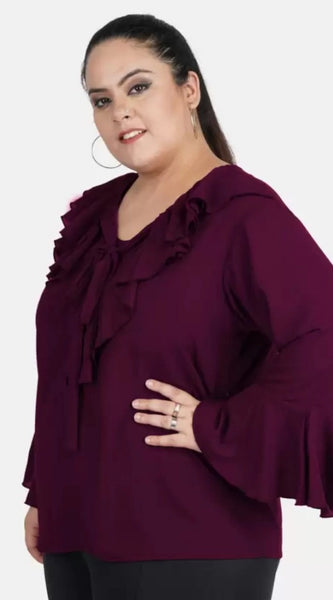 Mayawye Women's Casual Bell Sleeve Solid Purple Top (Color:Purple, Material:Georgette)