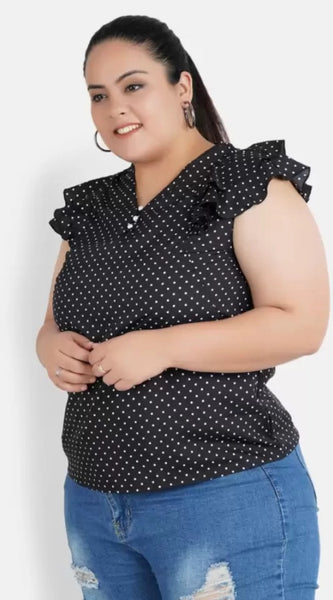 Mayawye Women's Casual Flutter Sleeve Polka Print Black Top (Color:Black, Material:Crepe)