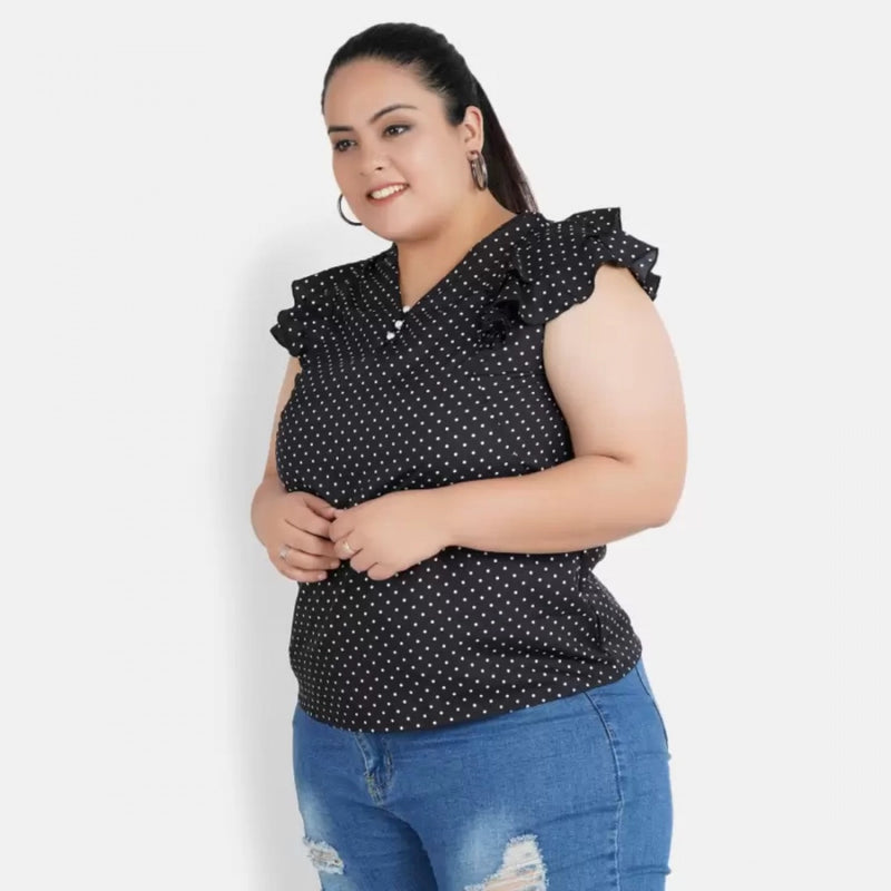 Mayawye Women's Casual Flutter Sleeve Polka Print Black Top (Color:Black, Material:Crepe)