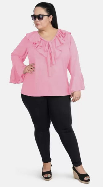 Mayawye Women's Casual Bell Sleeve Solid Pink Top (Color:Pink, Material:Georgette)