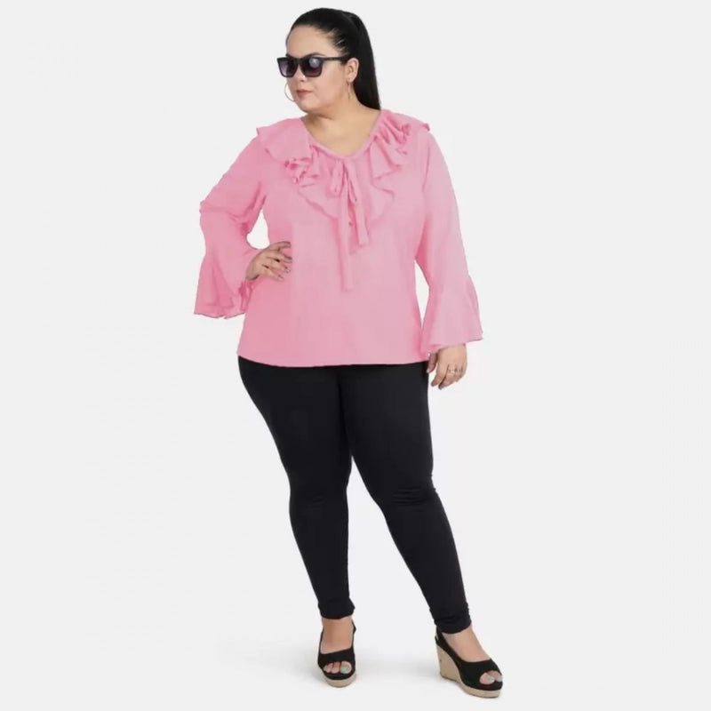 Mayawye Women's Casual Bell Sleeve Solid Pink Top (Color:Pink, Material:Georgette)