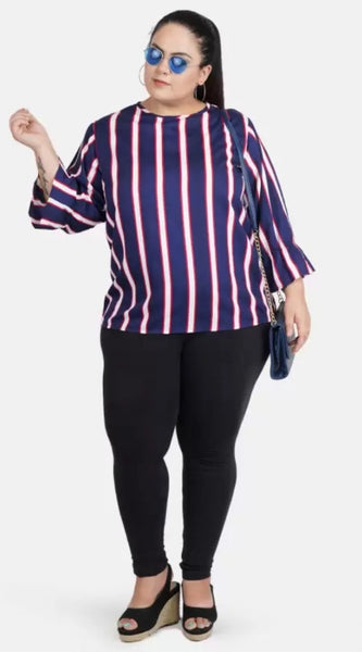 Mayawye Women's Casual Bell Sleeve Striped Blue Top (Color:Blue, Material:Crepe)