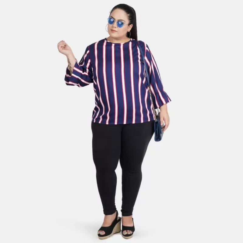 Mayawye Women's Casual Bell Sleeve Striped Blue Top (Color:Blue, Material:Crepe)