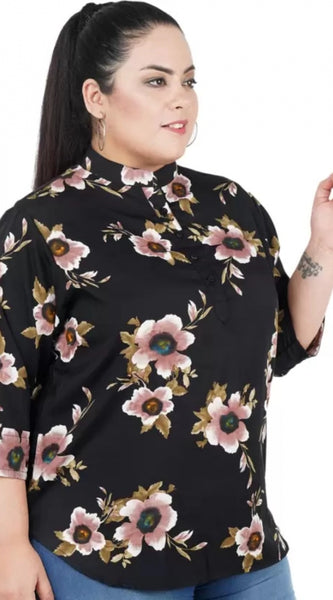Mayawye Women's Casual Three Fourth Sleeve Printed Black Top (Color:Black, Material:Poly Crepe)